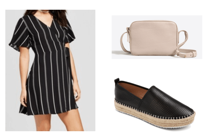 Cute and simple outfit idea: Black and white striped maxi dress with short sleeves and a wrap detail, black espadrille flats, nude crossbody bag