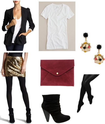 Xmas fashionista outfit: Sequin mini, v-neck tee, blazer, boots, tights, red clutch, earrings