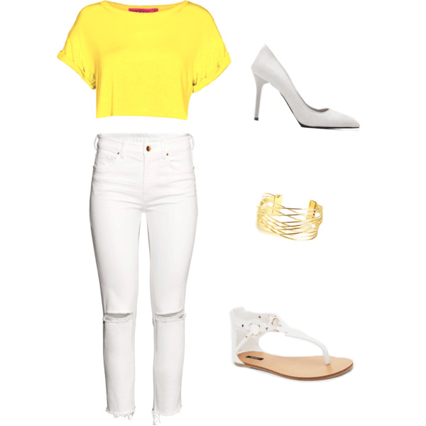 yellow blouse and white jeans