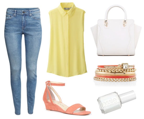 yellow blouse, jeans, peach sandals