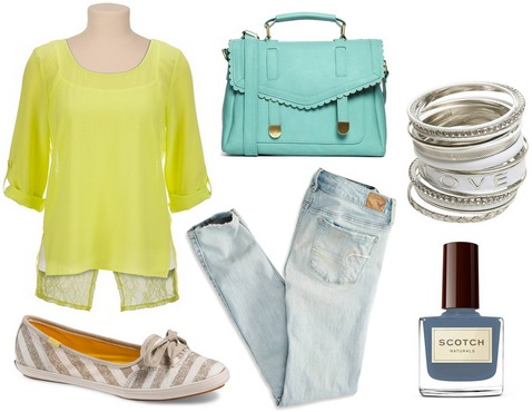 Yellow blouse, robin egg bag, jeans