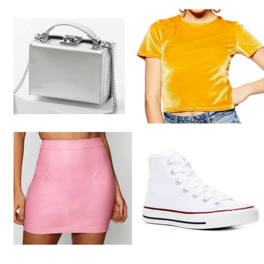 yellow velvet crop top, pink fauxleather skirt, silver handbag, white sneakers