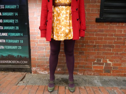 Yellow dress with Purple tights