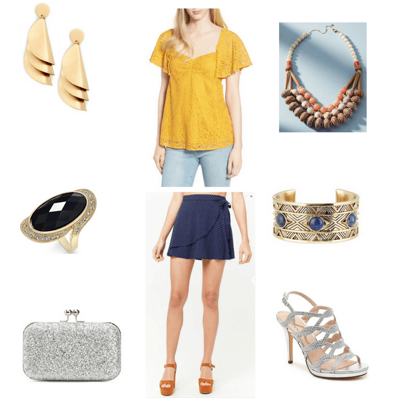 Outfit with yellow lace flutter-sleeve top, navy polka dot wrap skirt, orange bib necklace, gold earrings, cocktail ring, statement cuff, silver sparkly clutch, and silver sparkly heels