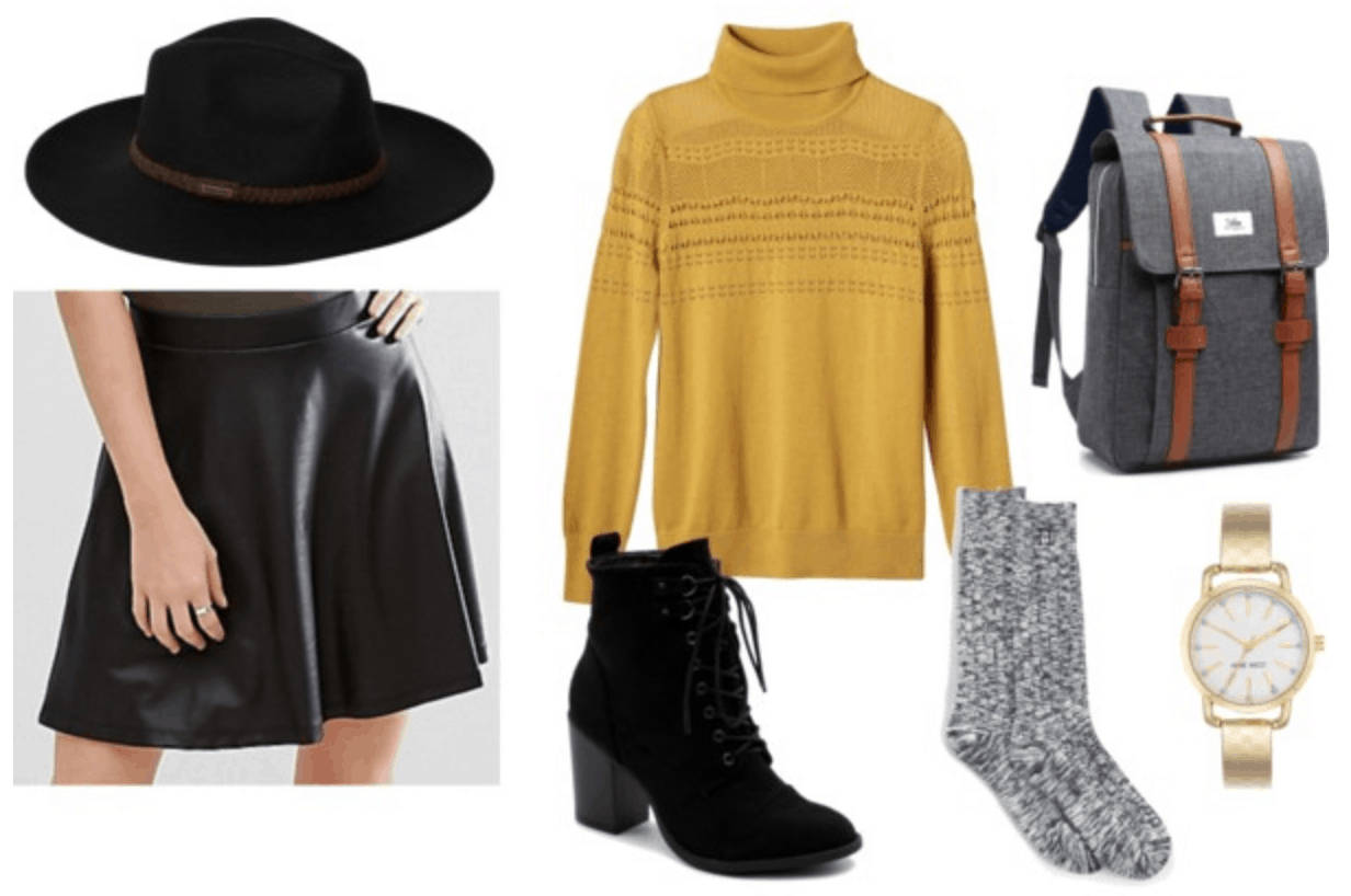 yellow turtleneck leather skirt outfit with gray socks, gold watch, lace-up black ankle booties, backpack
