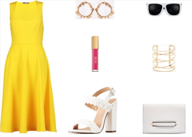 Yellow midi dress with gold coin earrings, white braided heels, white clutch, gold bracelet, pink matte lipstick, and white sunglasses.