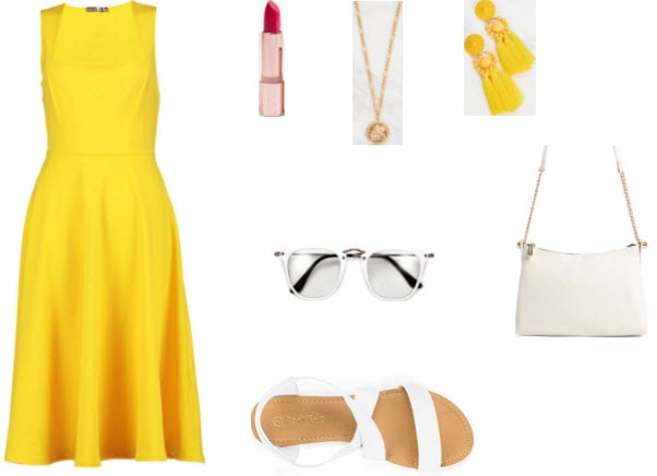 Yellow midi dress from Boohoo with pink lipstick, gold coin necklace, yellow tassel earrings, white clear lenses, white sandals, and white crossbody bag.