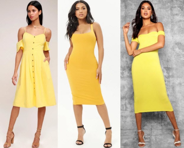 Yellow midi dress style with spaghetti strap midi, yellow midi from Forever 21, and off the shoulder midi from Boohoo.