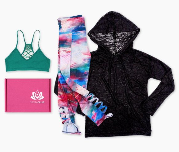 Yoga club subscription box with three athletic pieces around it.