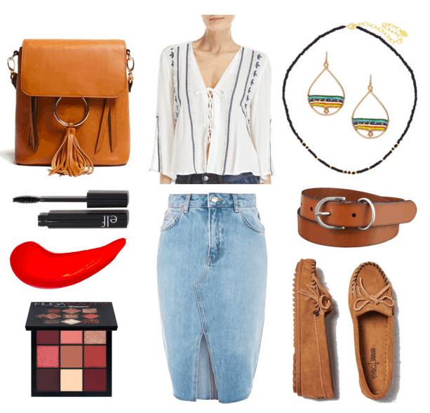leather bag, mascara, lip gloss, eyeshadow palette, embroidered blouse, denim mini skirt, bead earrings and necklace, belt, moccasins