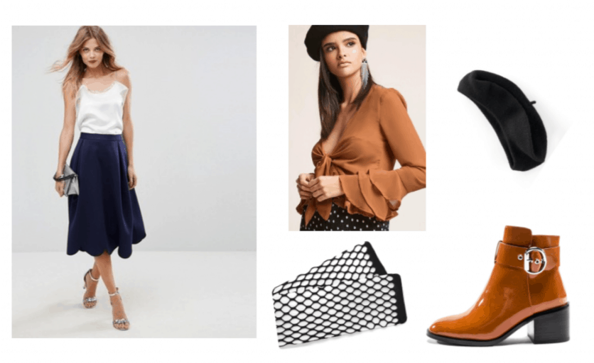 Doki Doki Literature Club Yuri Outfit Inspiration: Navy Midi Skirt, Camel Leather Bootie, Fishnet Tights, Black Wool Beret and a Sheer Orange Chiffon Tie Up Shirt