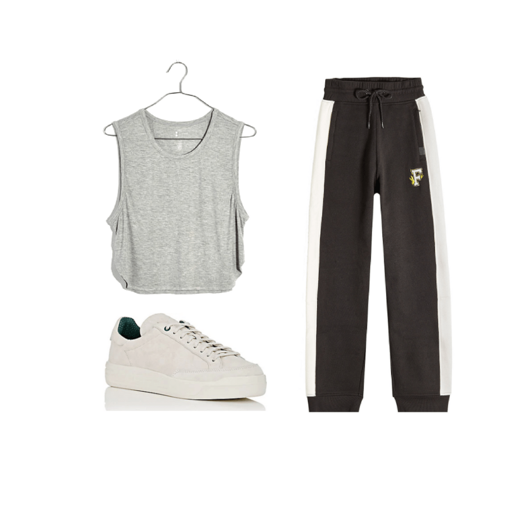 Gray cropped tank, black sweatpants, all white sneakers.