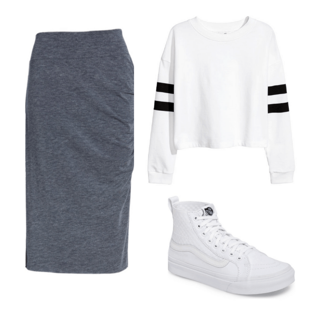 Outfit set- gray midi skirt, white crewneck cropped, all white vans.