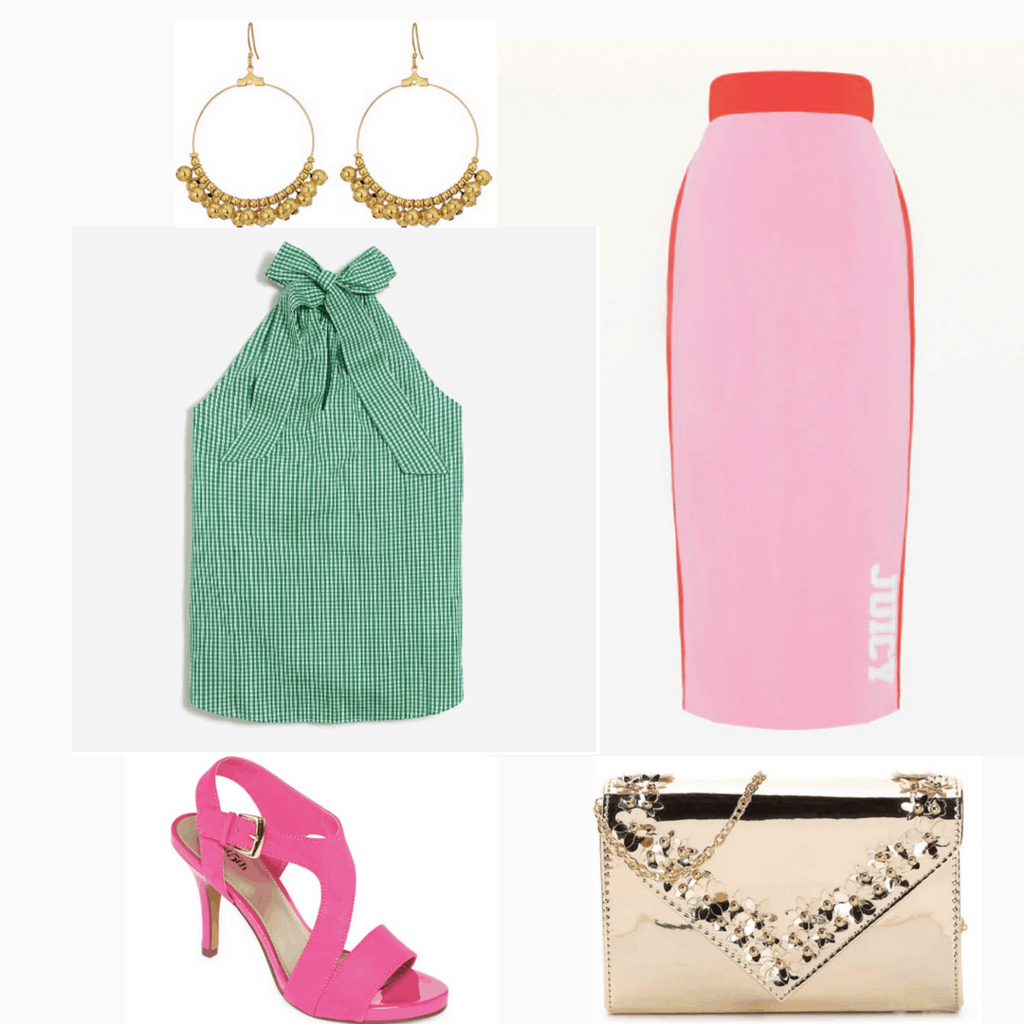 Gold jewelry and accents, neon pink shoes, bright pink skirt, green tie top.