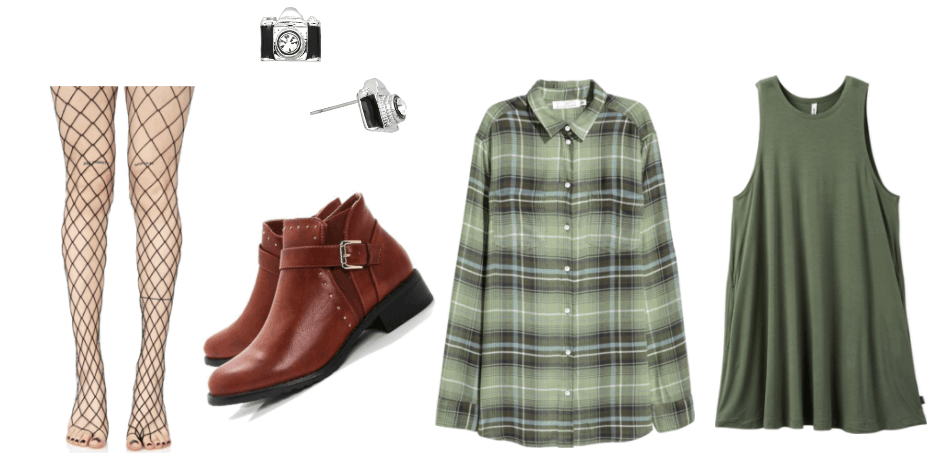 Outfit inspired by Zachery Steele: green striped flannel, green shirt dress, brown boots, fishnets, camera earrings