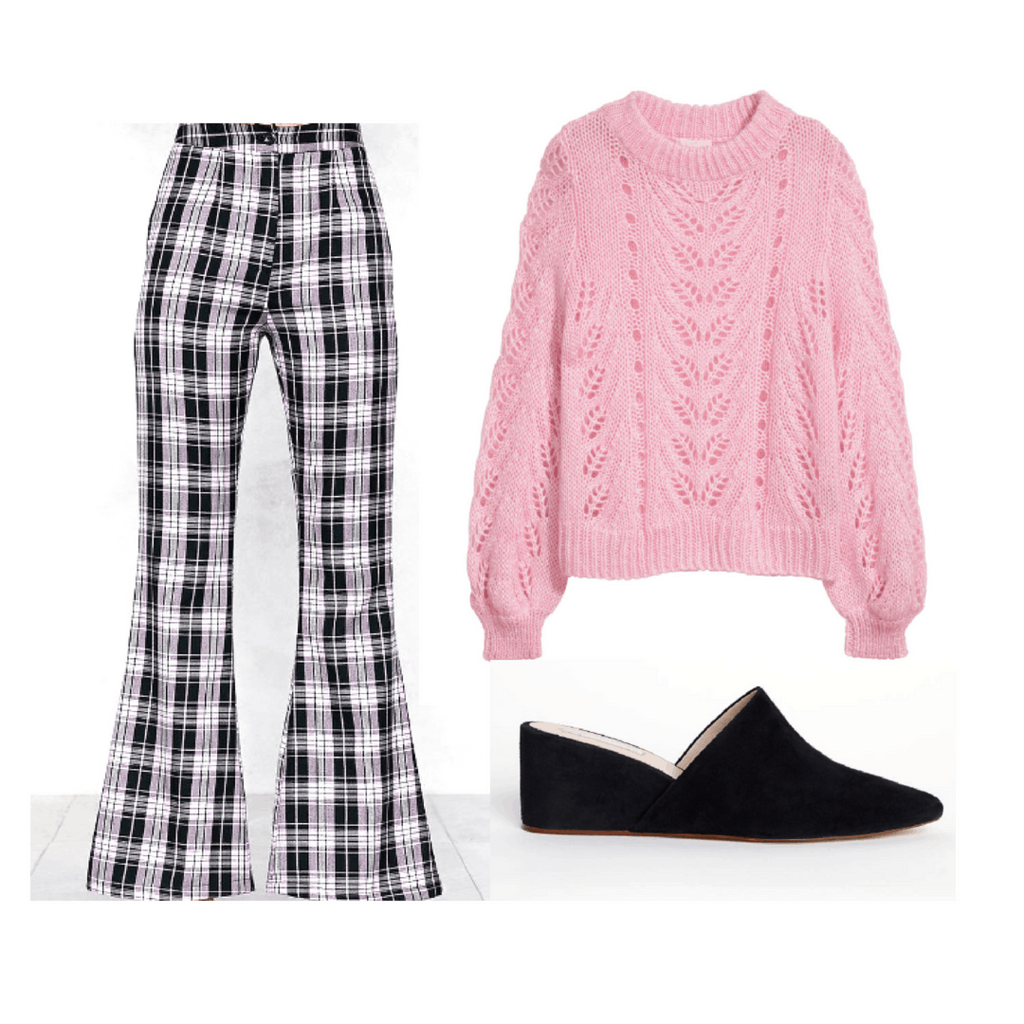 Plaid, high waisted pants with flared bottoms, black chunky heels, pink knit sweater.