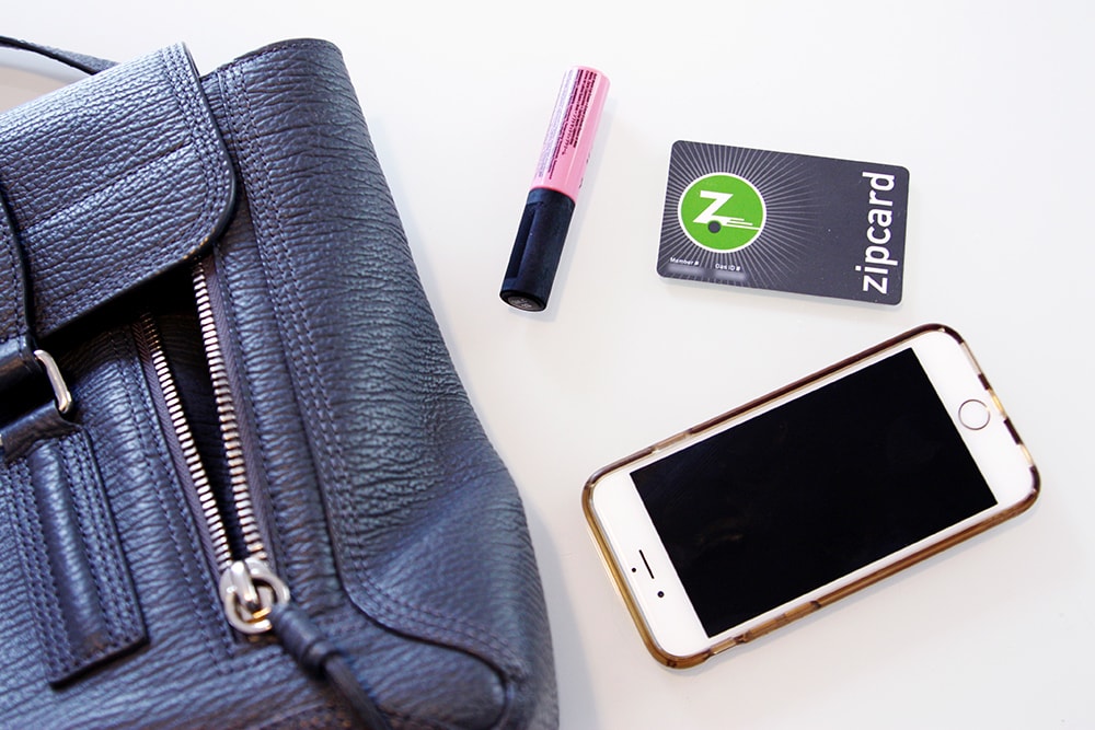Purse essentials: Lip color, phone, zipcard