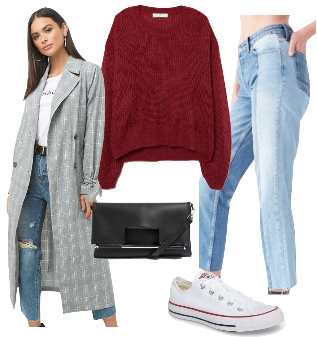 Zoey Deutch Outfit: dark red ribbed sweater, gray plaid long trench coat, high rise two-tone spliced jeans, black shoulder bag, and white Converse low-top sneakers