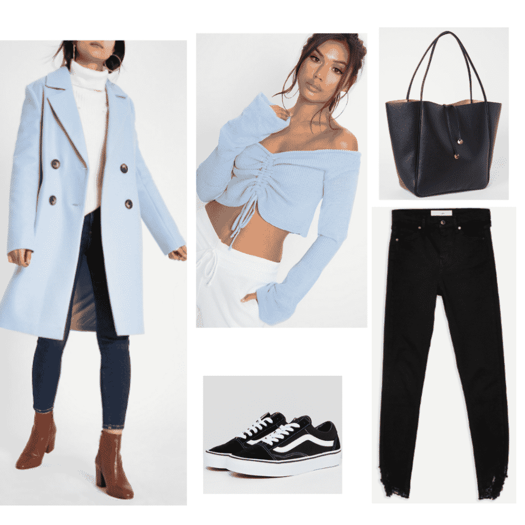 Jin BTS style: Outfit inspired by Jin with light blue crop top, light blue jacket, black vans, and black jeans