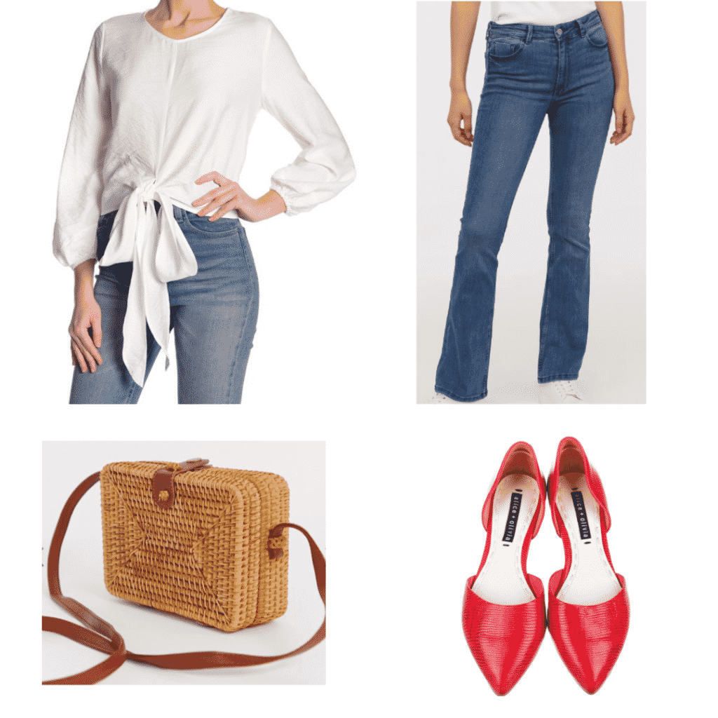 What to wear in Spain: Outfit with bow top, simple jeans, woven purse, red flats