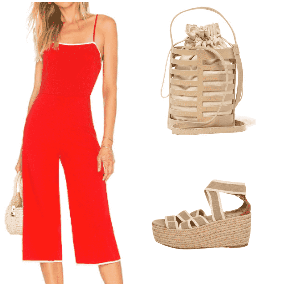 What to wear in Beijing: Outfit with red jumpsuit with white trim, perforated bucket bag, heeled espadrilles