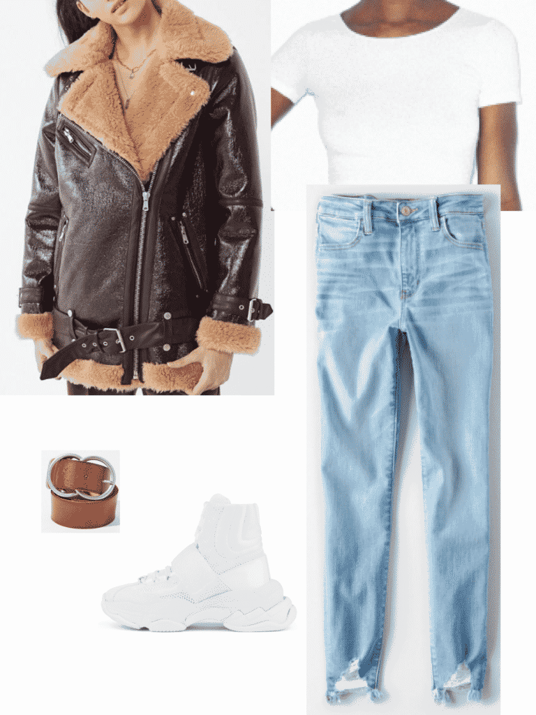 Hailey Bieber outfit with light wash jeans, bomber jacket, t shirt, belt, white sneakers