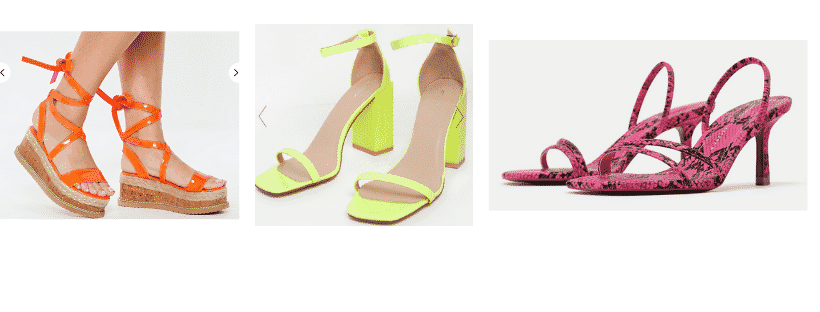 Neon trend for spring - neon shoes with orange neon platform sandals, neon yellow block heels, and neon pink snakeskin kitten heels