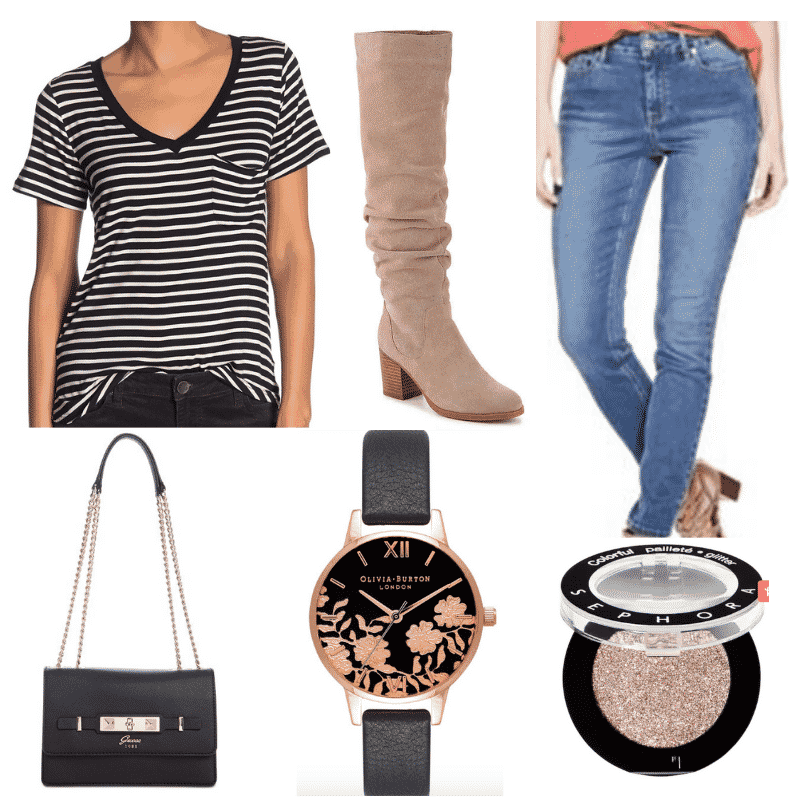 Striped t-shirt outfits: How to wear a striped tee shirt with suede boots, medium wash jeans, black chain strap purse, watch