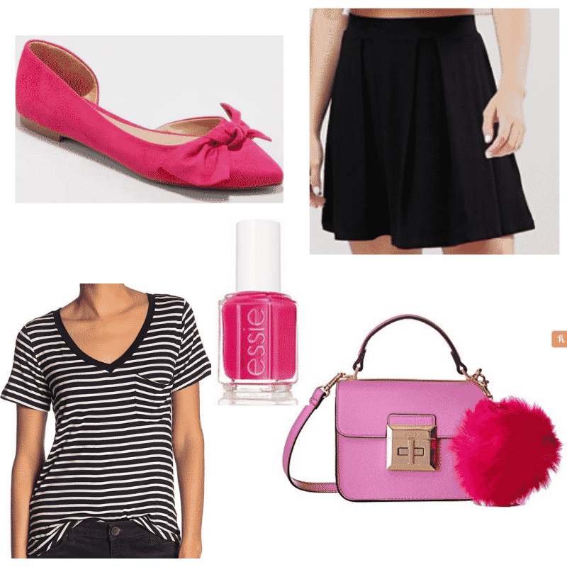  Striped t shirt outfits: Pom Pom Pink Outfit with black skirt, pink flats, black striped tee, pink bag