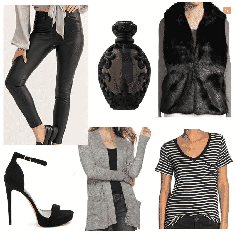 Striped t-shirt outfits: Cute outfit with  faux leather pants, faux fur vest, black t shirt, cardigan