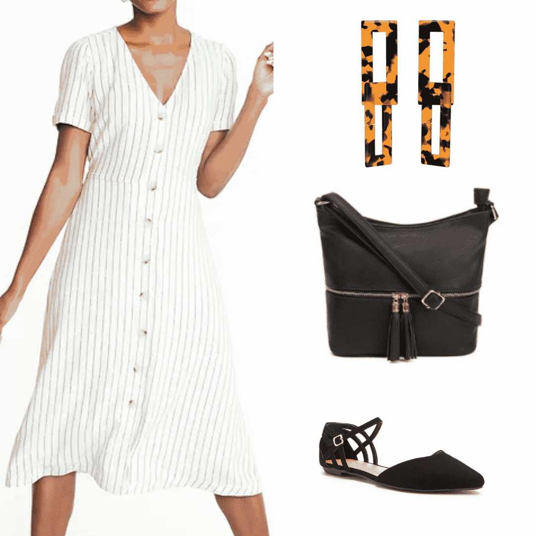 What to wear in China: Outfit with white striped dress, tortoise shell earrings, black cross-body bag, black nubuck flats