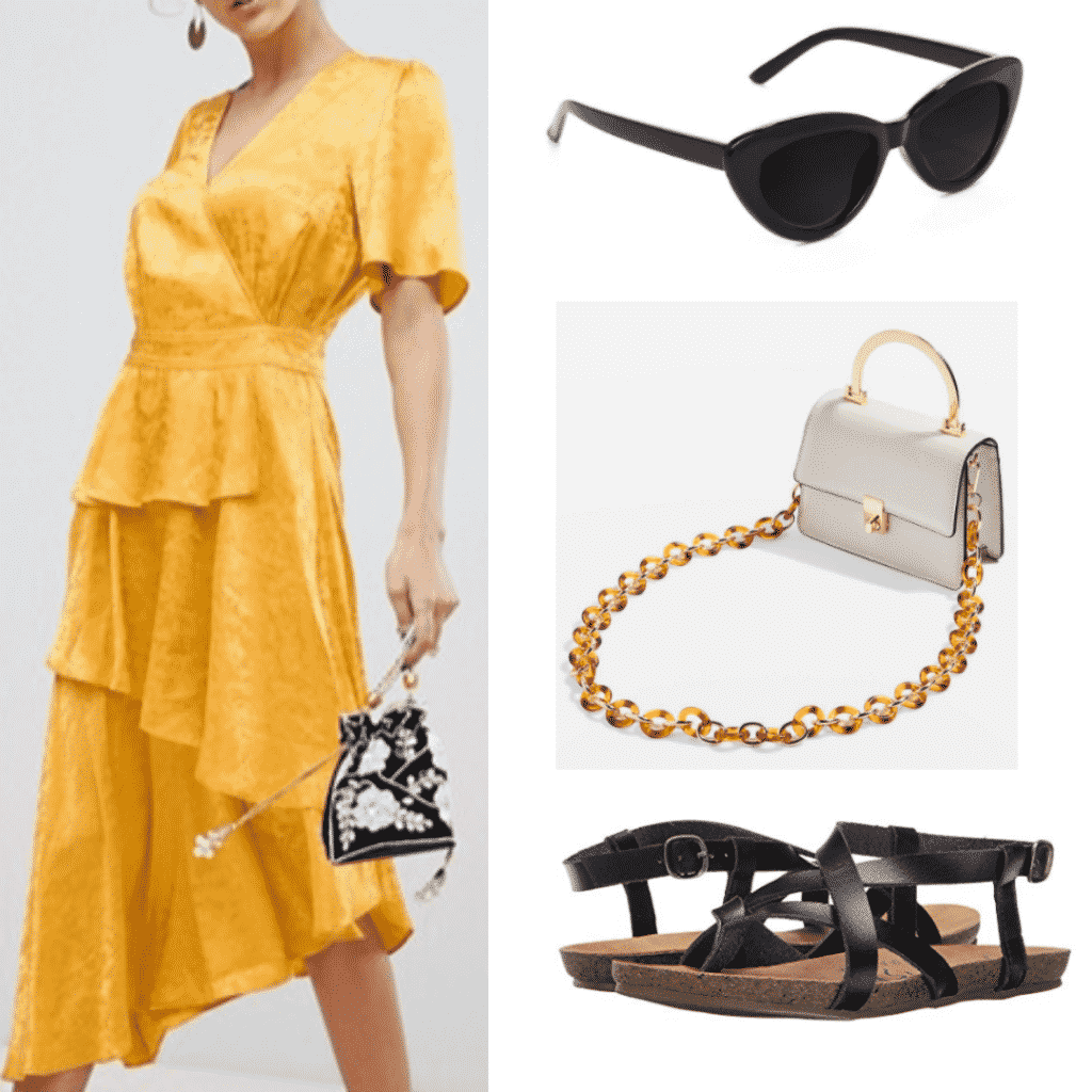 yellow ruffle dress, black cat eye sunglasses, tortoiseshell strap white handbag, black strappy sandals