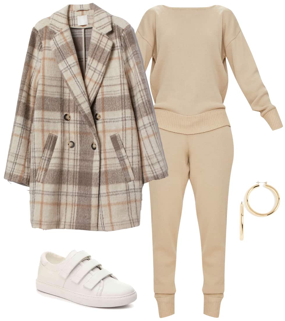 Hailey Baldwin Bieber Outfit: beige sweater and joggers set, white velcro sneakers, chunky gold hoop earrings, and beige plaid coat