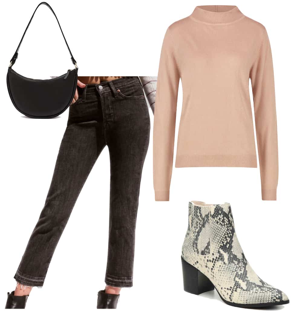 Kourtney Kardashian Outfit: washed black frayed jeans, beige turtleneck sweater, black shoulder bag, and snake print ankle booties