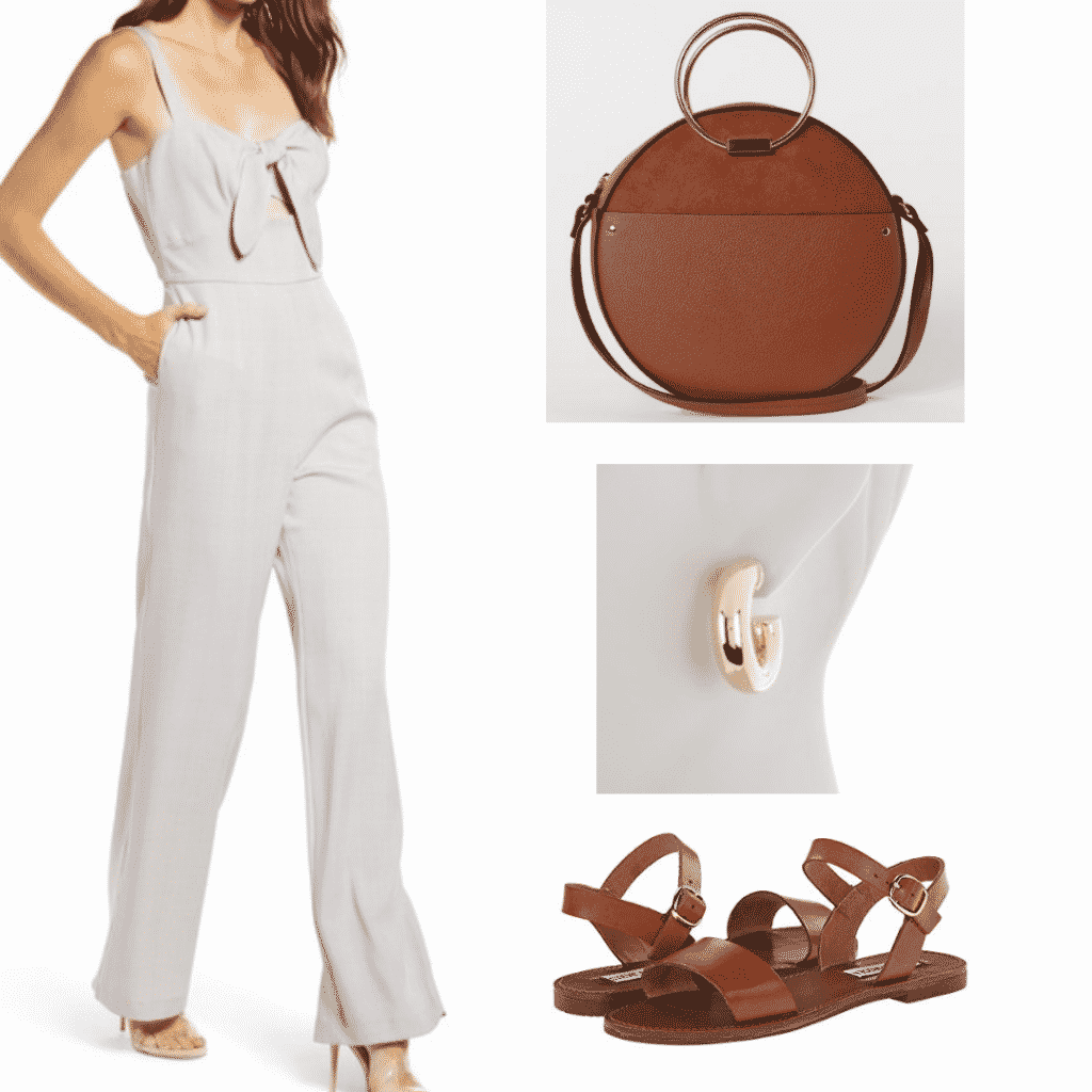 What to wear in Japan: Outfit idea for Kyoto with plaid jumpsuit, brown circle bag, gold hoops, brown sandals