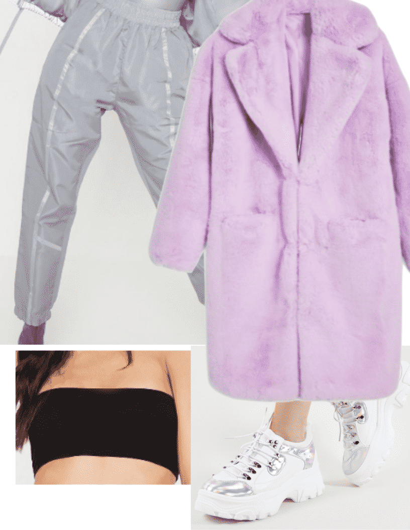 Ariana Grande 7 rings fashion - 7 rings style outfit with purple teddy coat, silver joggers, dad sneakers, black bandeau