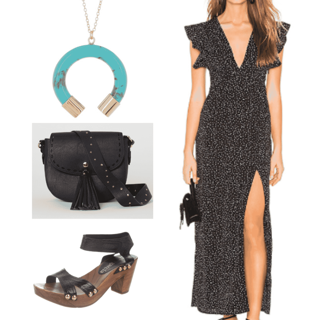 What to wear in spain - outfit to wear in Madrid with maxi dress, fringe shoulder bag, wooden heels