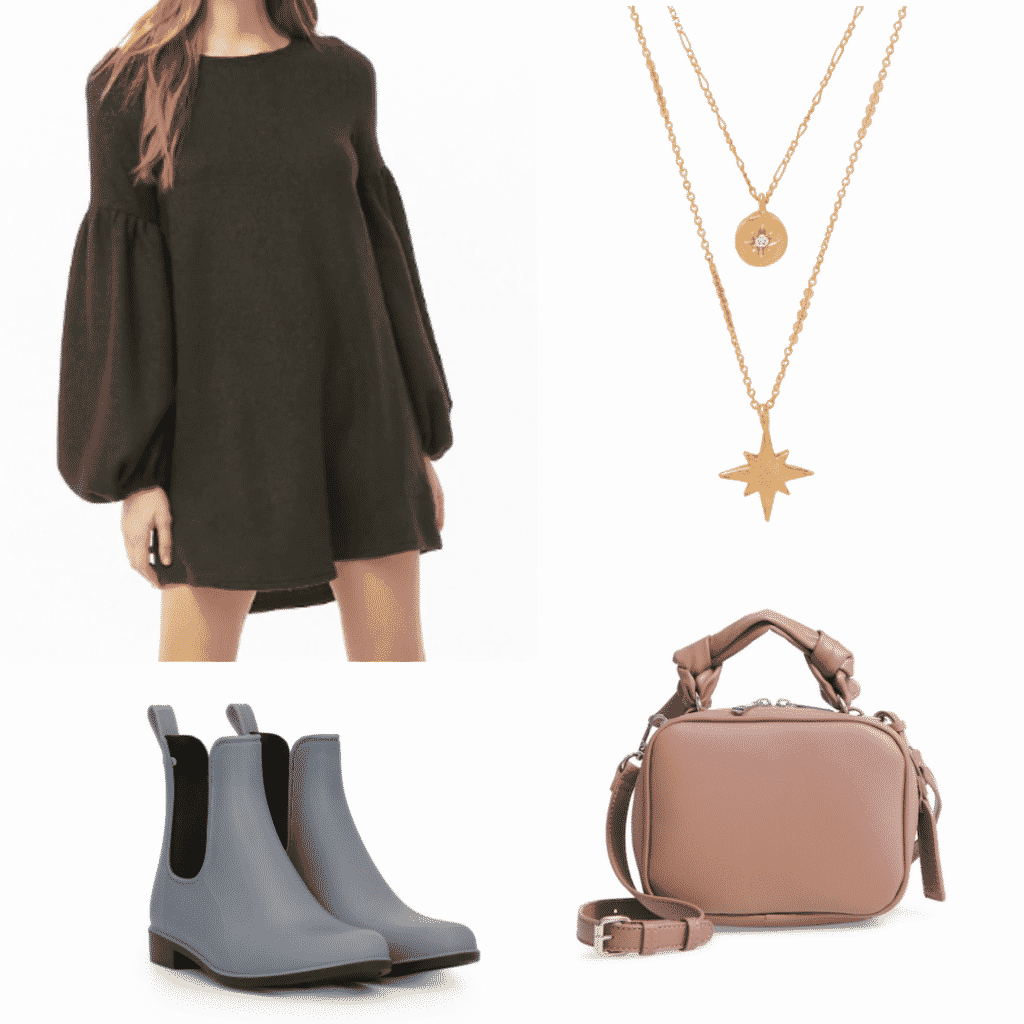 What to wear in Nara, Japan: Outfit idea with black dress, gray rain boots, gold necklace, pink camera bag