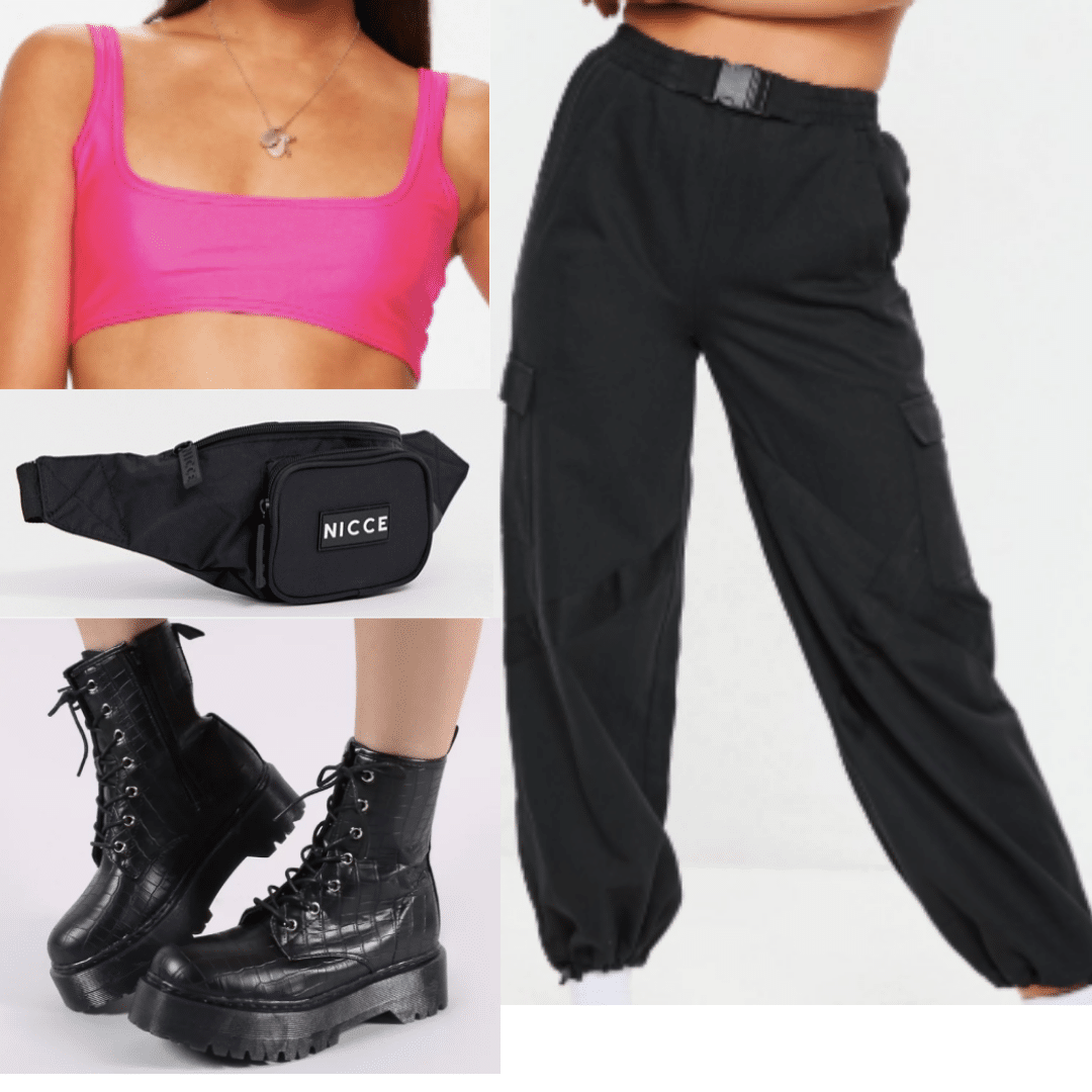 Pink bandeau crop top paired with black industrial joggers, a black fanny pack and black platform boots