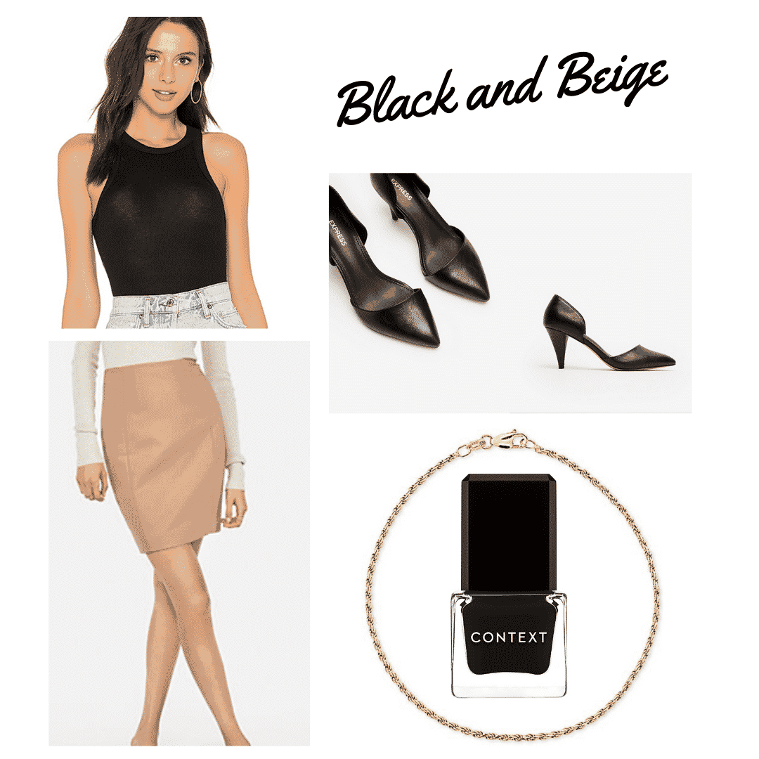 outfit panel with black tank top, tan pencil skirt, black pointed toe heels, black nail polish, and a gold bracelet.