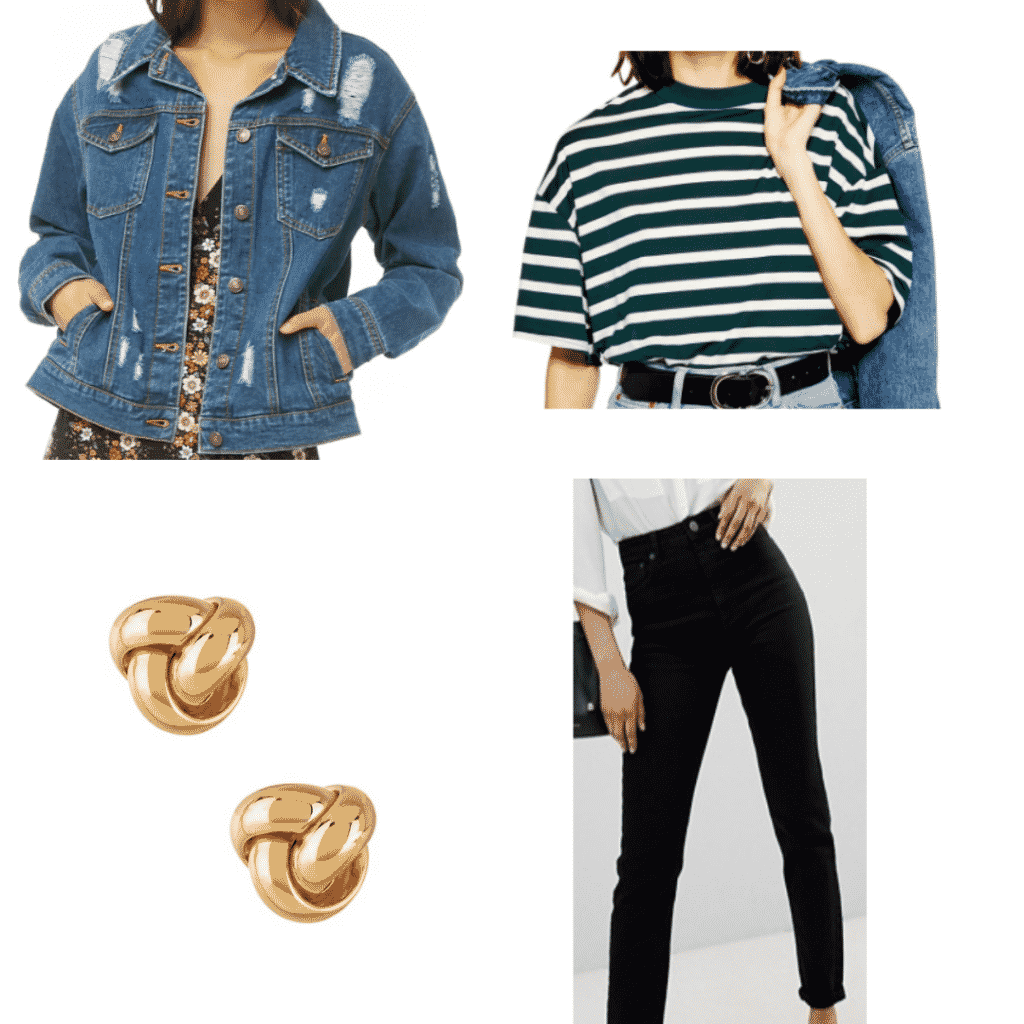 What to wear in Japan: Outfit idea with green striped top, denim jacket, black jeans, gold knot earrings