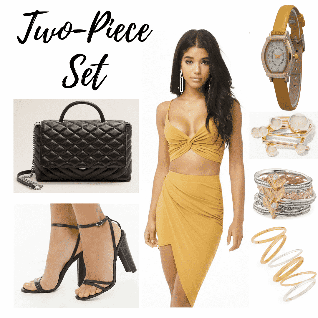 Paris Hilton 2000s style: outfit panel with a yellow two piece top and skirt, watch, gold rings, a black shoulder bag, and black heels.