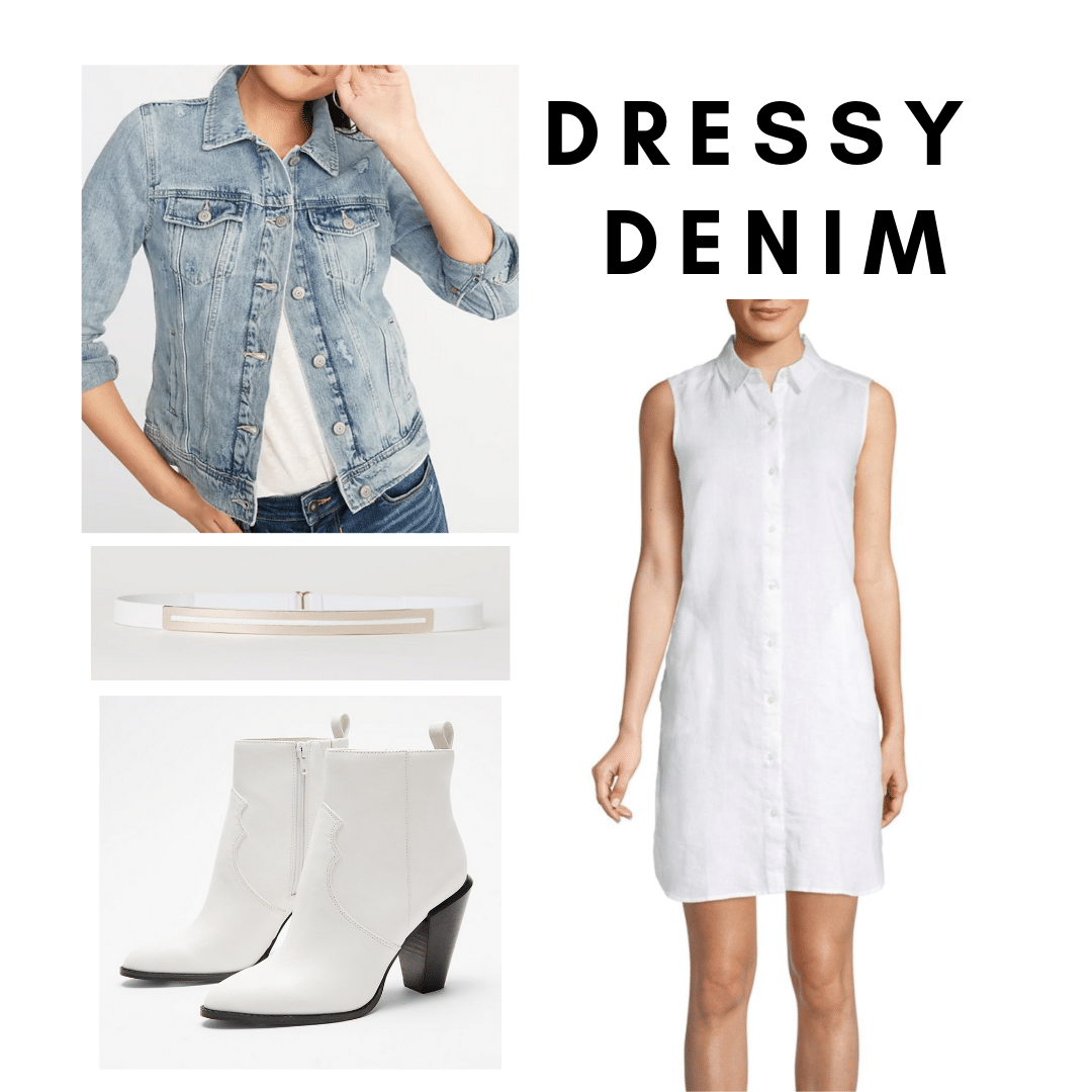 Sarah Jessica Parker 2000s style: Outfit with white shirdress, denim jacket, white boots