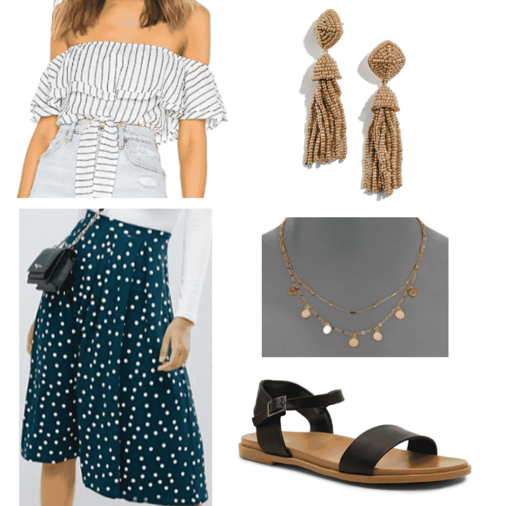 What to wear in Spain: Outfit for San Sebastian with printed midi skirt, off shoulder top, sandals, statement earrings