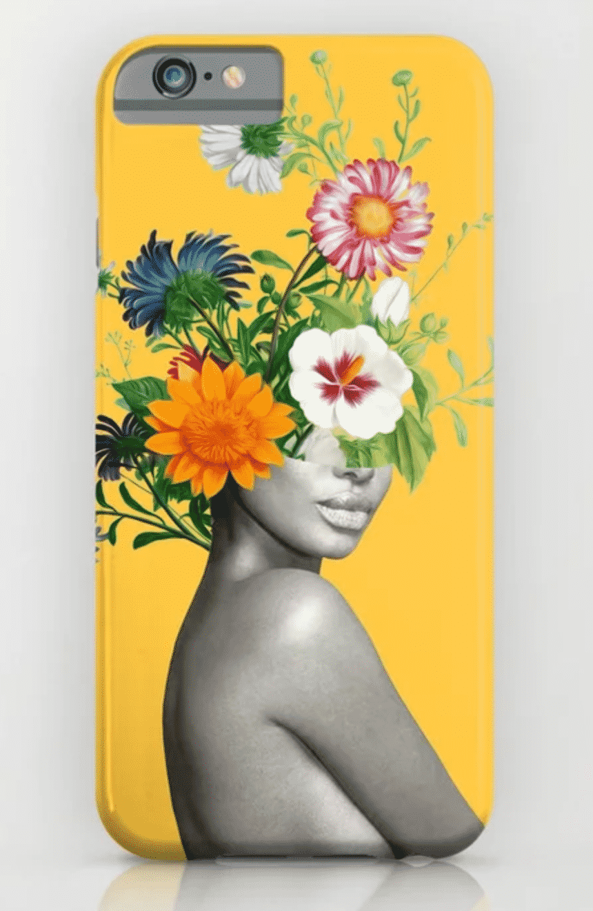 yellow phone case with a girl and flowers