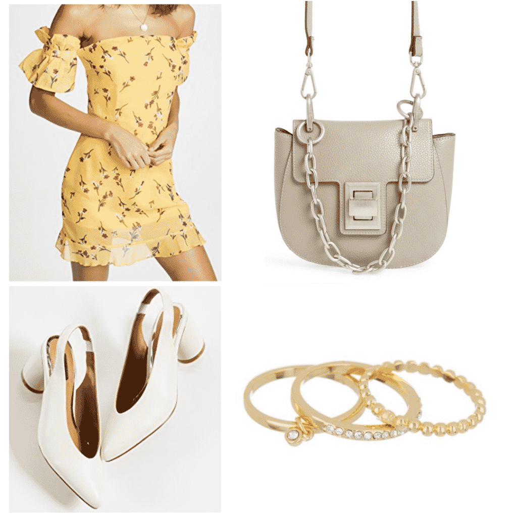 What to wear in Spain: Outfit with yellow dress, white heels, layered rings, chain purse