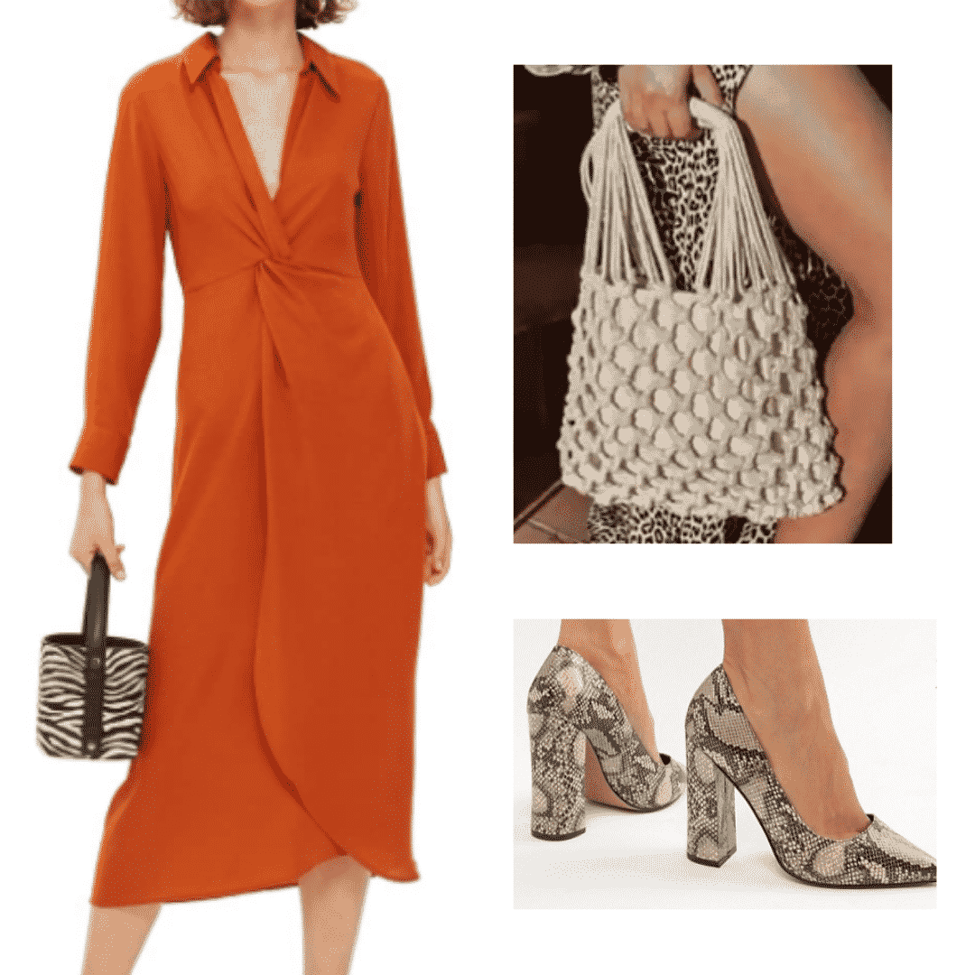 What to wear in Shanghai: Outfit with red-orange collared dress, knot purse, snake print heeled shoes