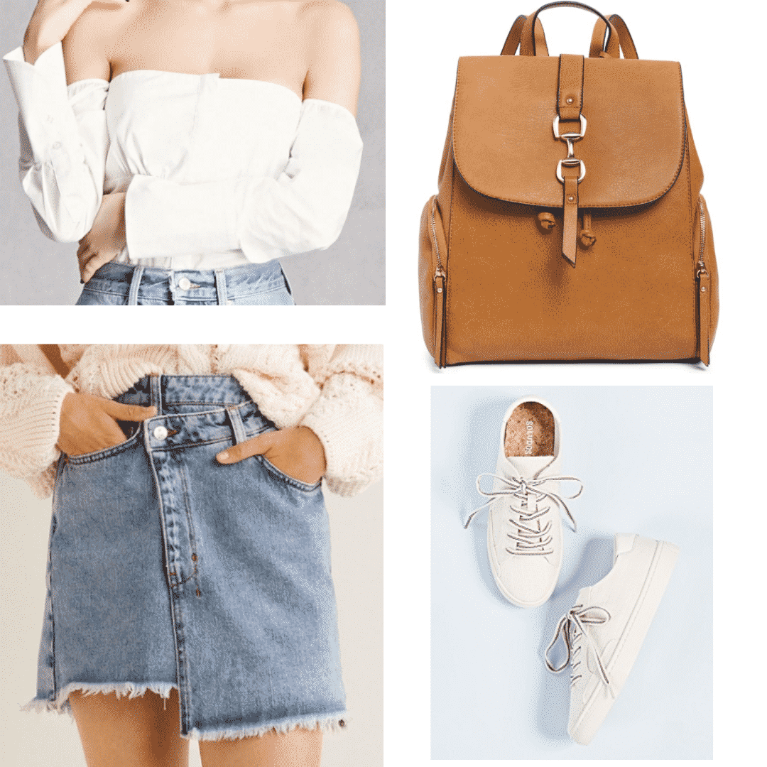 What to wear in China - outfit with white off-the-shoulder top, brown suede backpack, wrap denim skirt, white sneakers