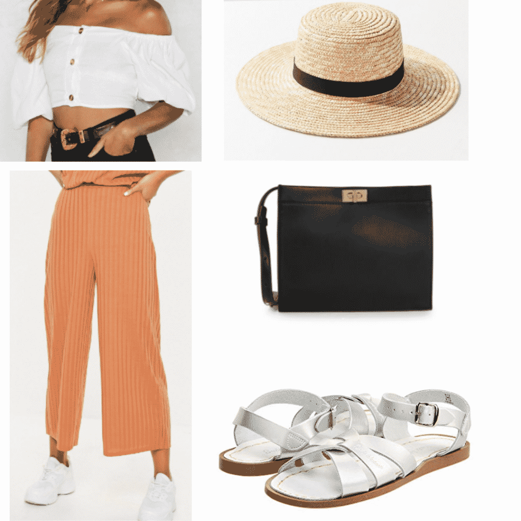 off the shoulder white top, straw hat, cream orange wide leg pants, black cross body bag, white sandals