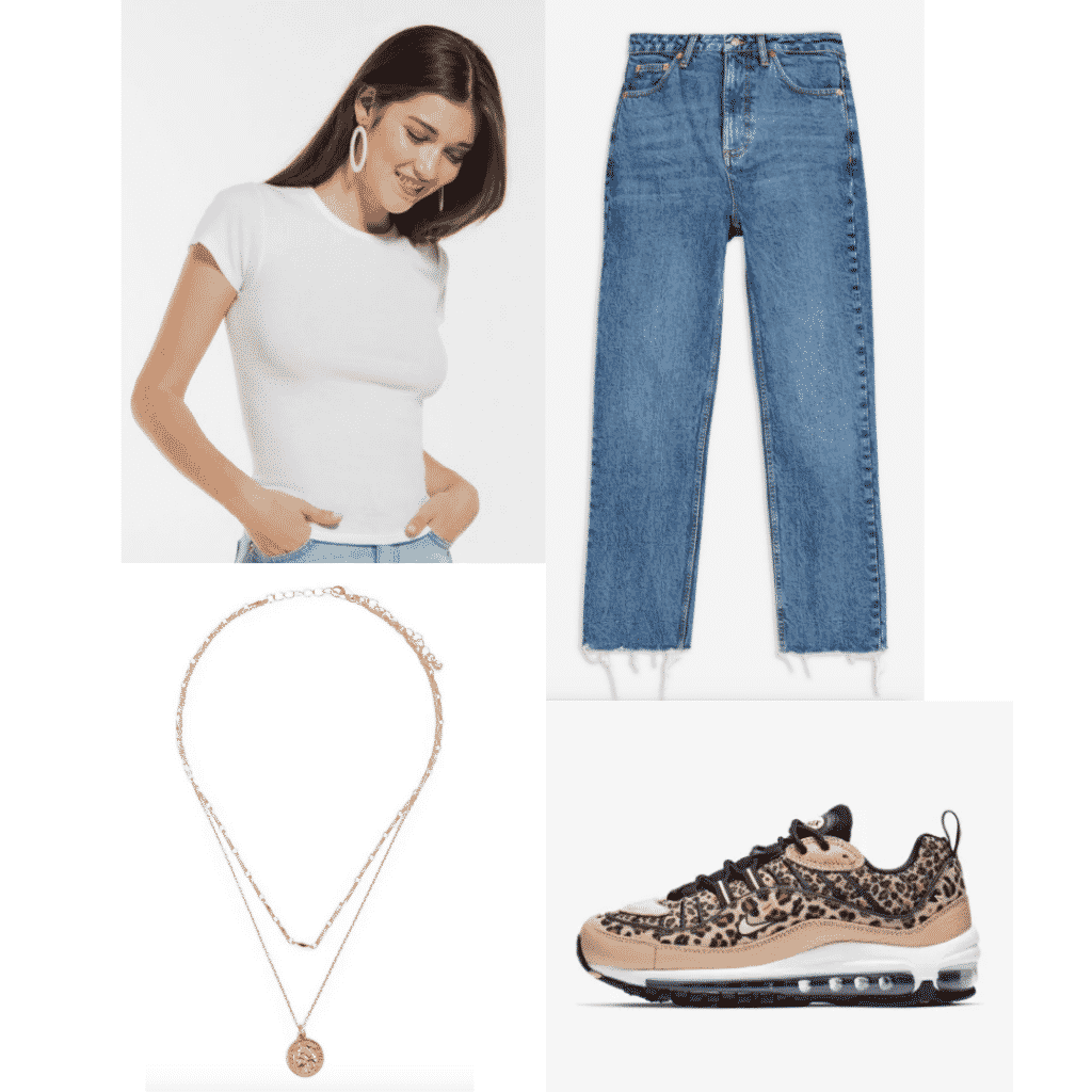 How to wear a t shirt fashionably: Outfit with white t-shirt, straight leg jeans, gold layered necklaces, leopard sneakers